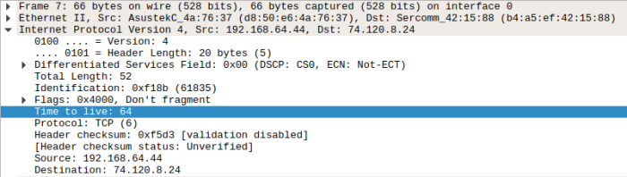 //Trace effettuato vicino l'host 192.168.64.44 (TTL integro, supponendo sia partito a 64)//